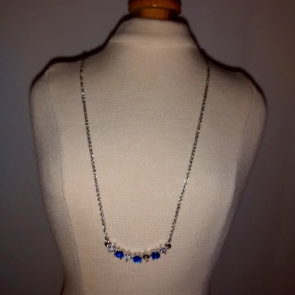 N.R.: Marked, blue and clear Rhinestone necklace